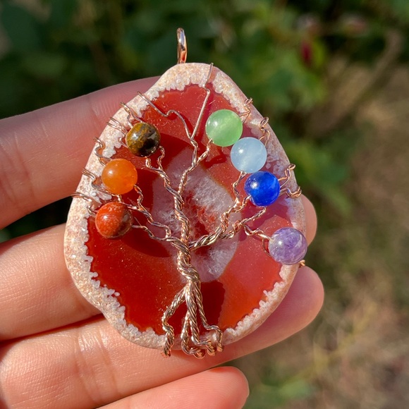 Large copper wired life tree druzy agate multi‎ stone pendant - Picture 1 of 7